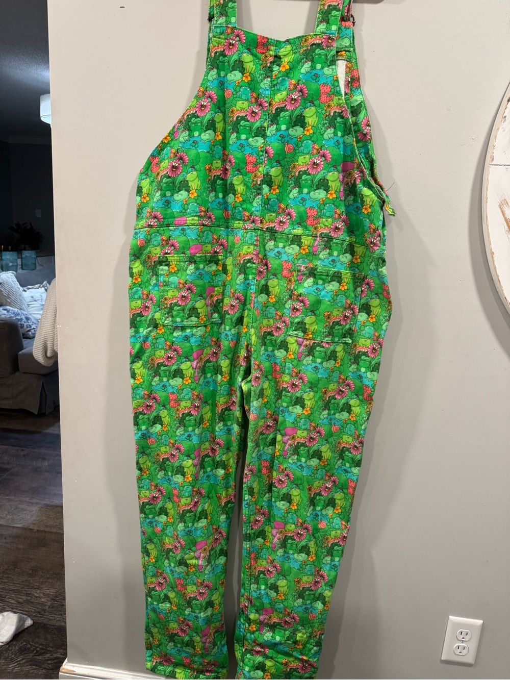 Run & Fly Frog Print Dungarees Overalls Green Cottagecore XXL - Picture 8 of 16